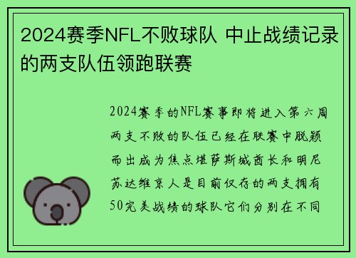 2024赛季NFL不败球队 中止战绩记录的两支队伍领跑联赛