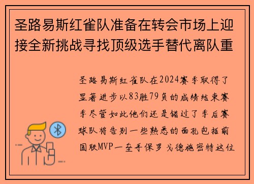 圣路易斯红雀队准备在转会市场上迎接全新挑战寻找顶级选手替代离队重建时的核心阵容