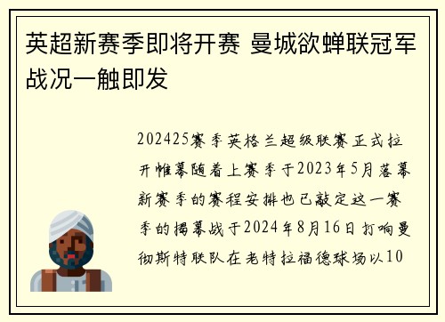 英超新赛季即将开赛 曼城欲蝉联冠军战况一触即发