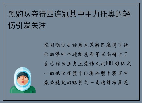 黑豹队夺得四连冠其中主力托奥的轻伤引发关注